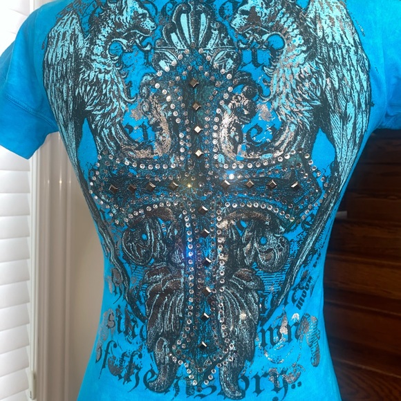 Swarovski Crystal Embellished Cross T Shirt For Women, Blue Short Sleeve Shirt - Picture 3 of 16